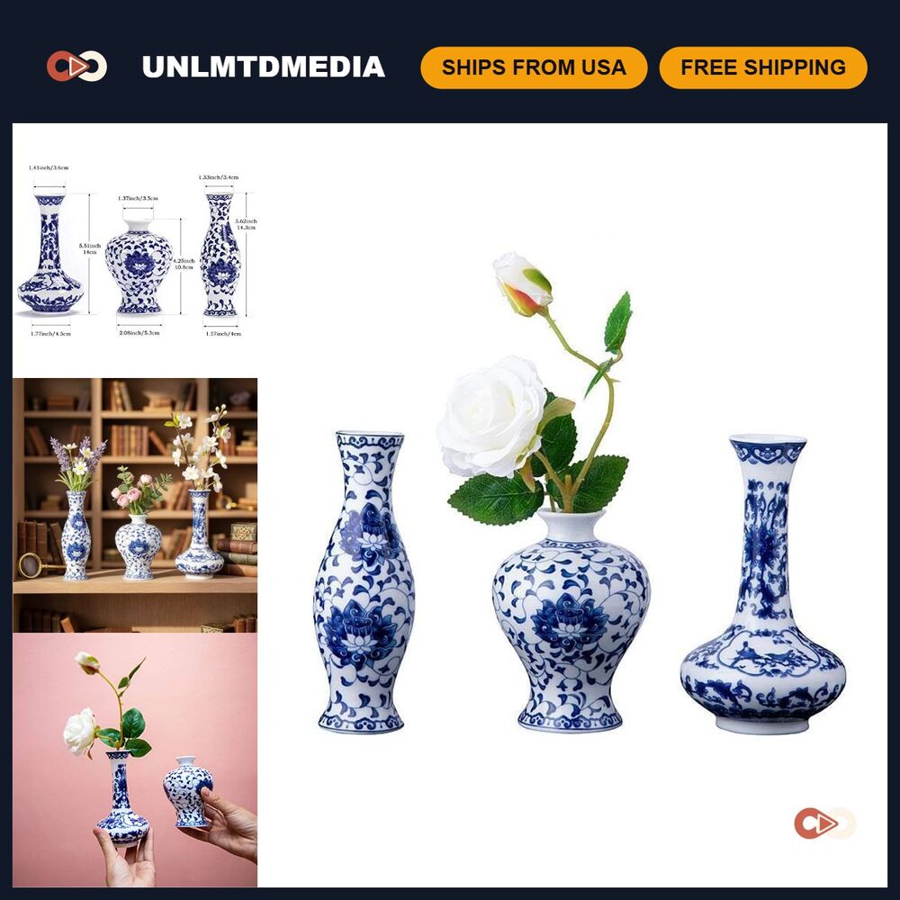 Set of 3 Blue & White Porcelain Vases, Classic Ceramic Flower Holders for Home D